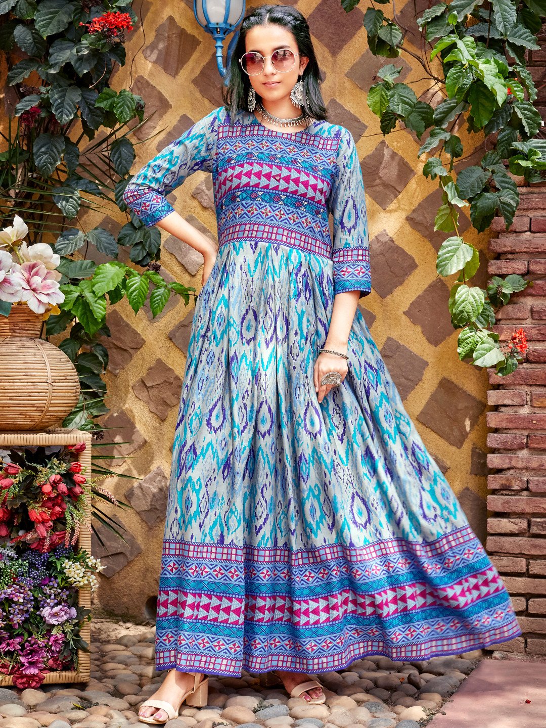 Multicolor Ikat Printed Rayon Designer Long Kurti