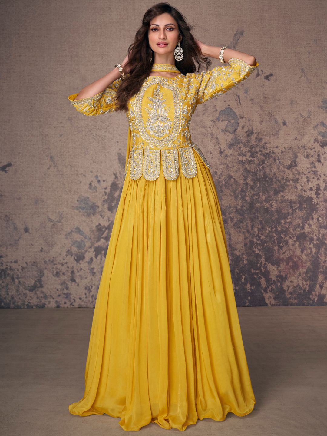 Mustard Chinon Silk Embellished Anarkali Kurti With Dupatta