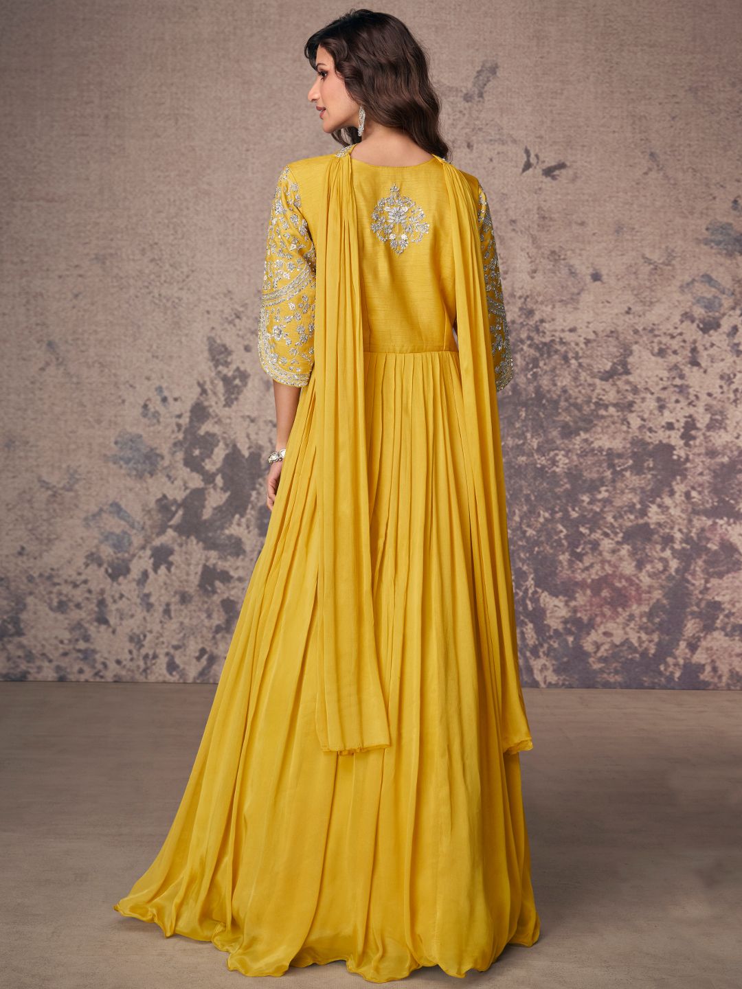 Mustard Chinon Silk Embellished Anarkali Kurti With Dupatta