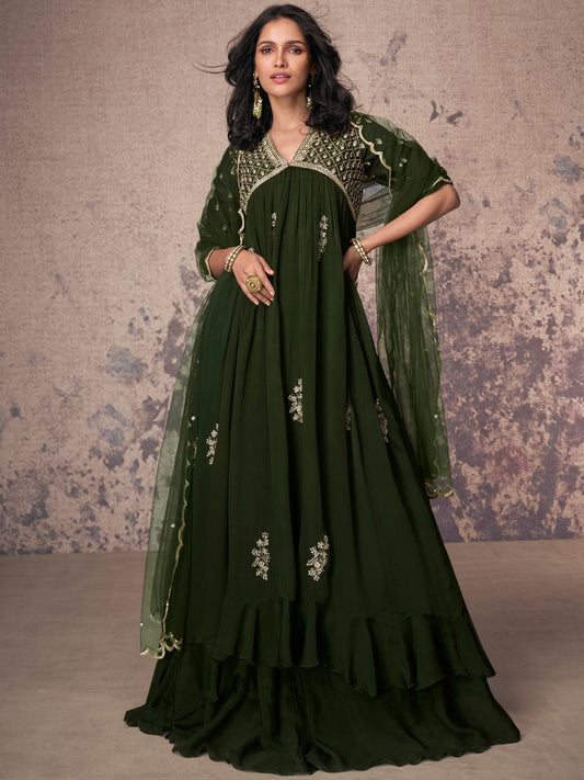 Olive Green Chinon Silk Embellished Anarkali Kurti With Dupatta