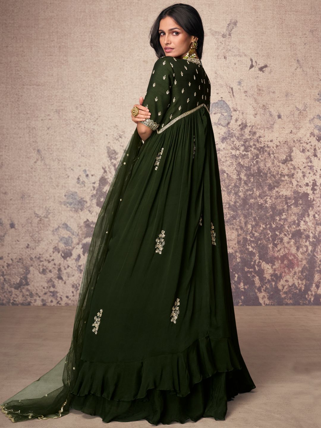 Olive Green Chinon Silk Embellished Anarkali Kurti With Dupatta