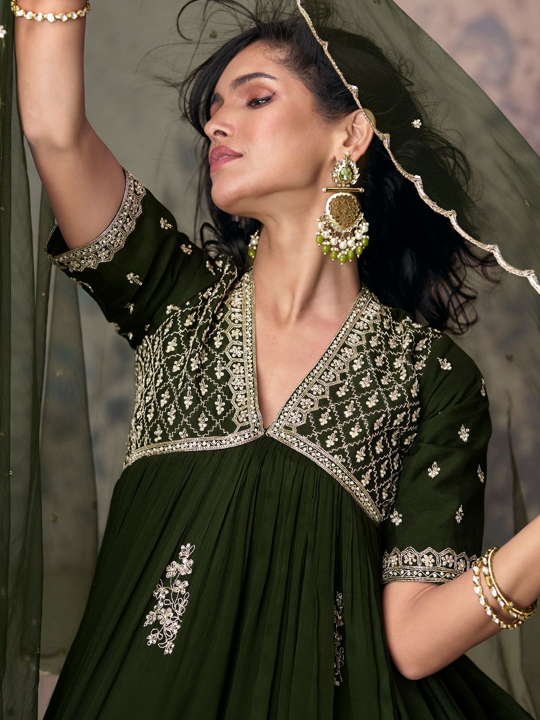 Olive Green Chinon Silk Embellished Anarkali Kurti With Dupatta