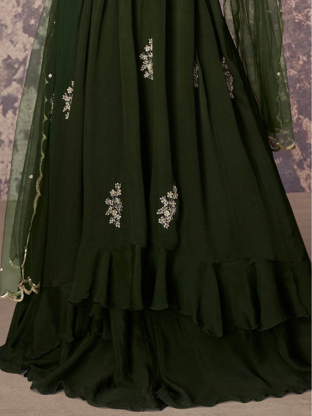 Olive Green Chinon Silk Embellished Anarkali Kurti With Dupatta