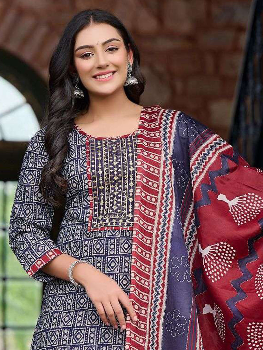 Blue Red Embroidery Patiala Suit