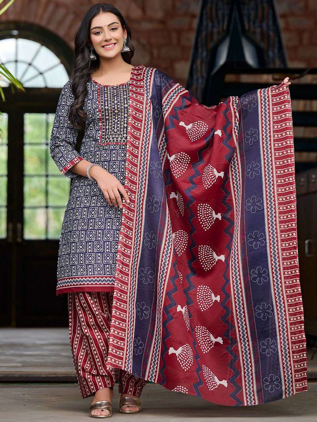 Blue Red Embroidery Patiala Suit