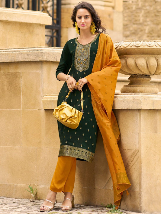 yoke-embroidered-bottle-green-muslin-jacquard-stitched-suit-set