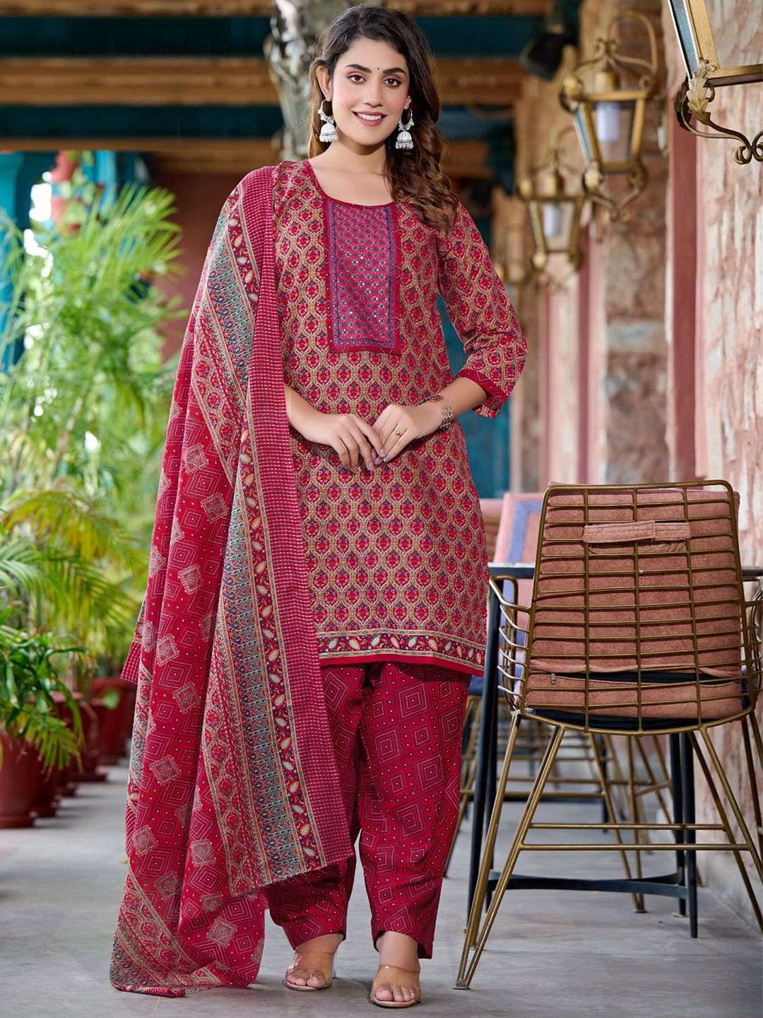 Red Embroidery Patiala Suit