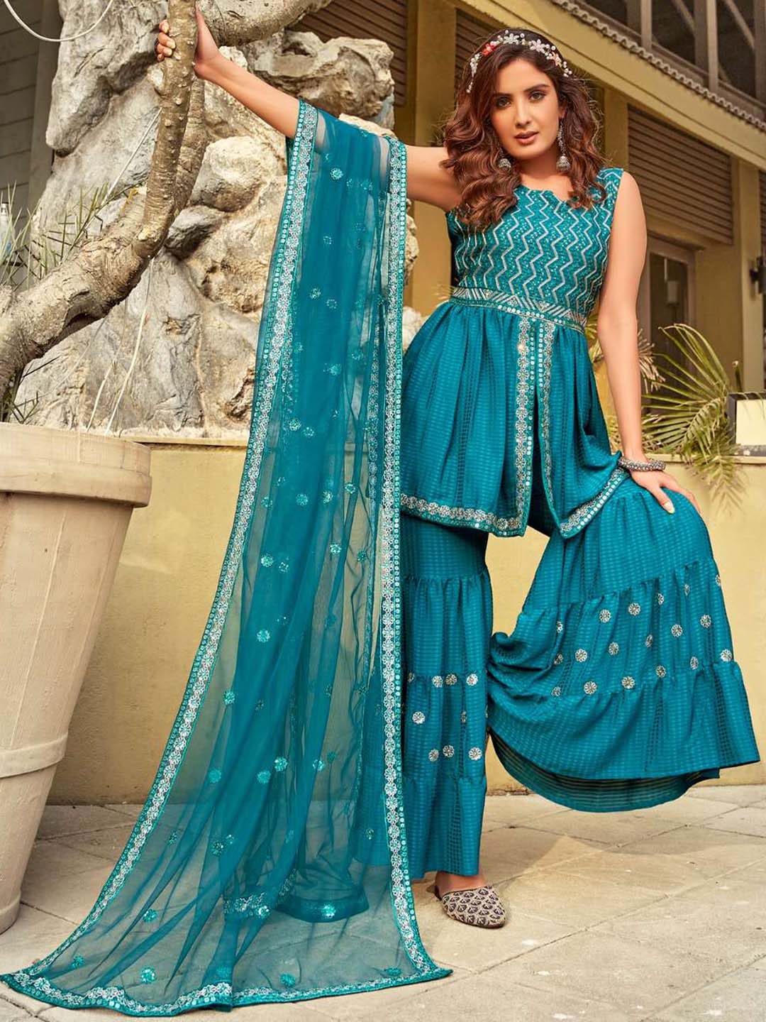 Teal Blue Silk Base with Embroidery Sequence Work Stitched Suit Set