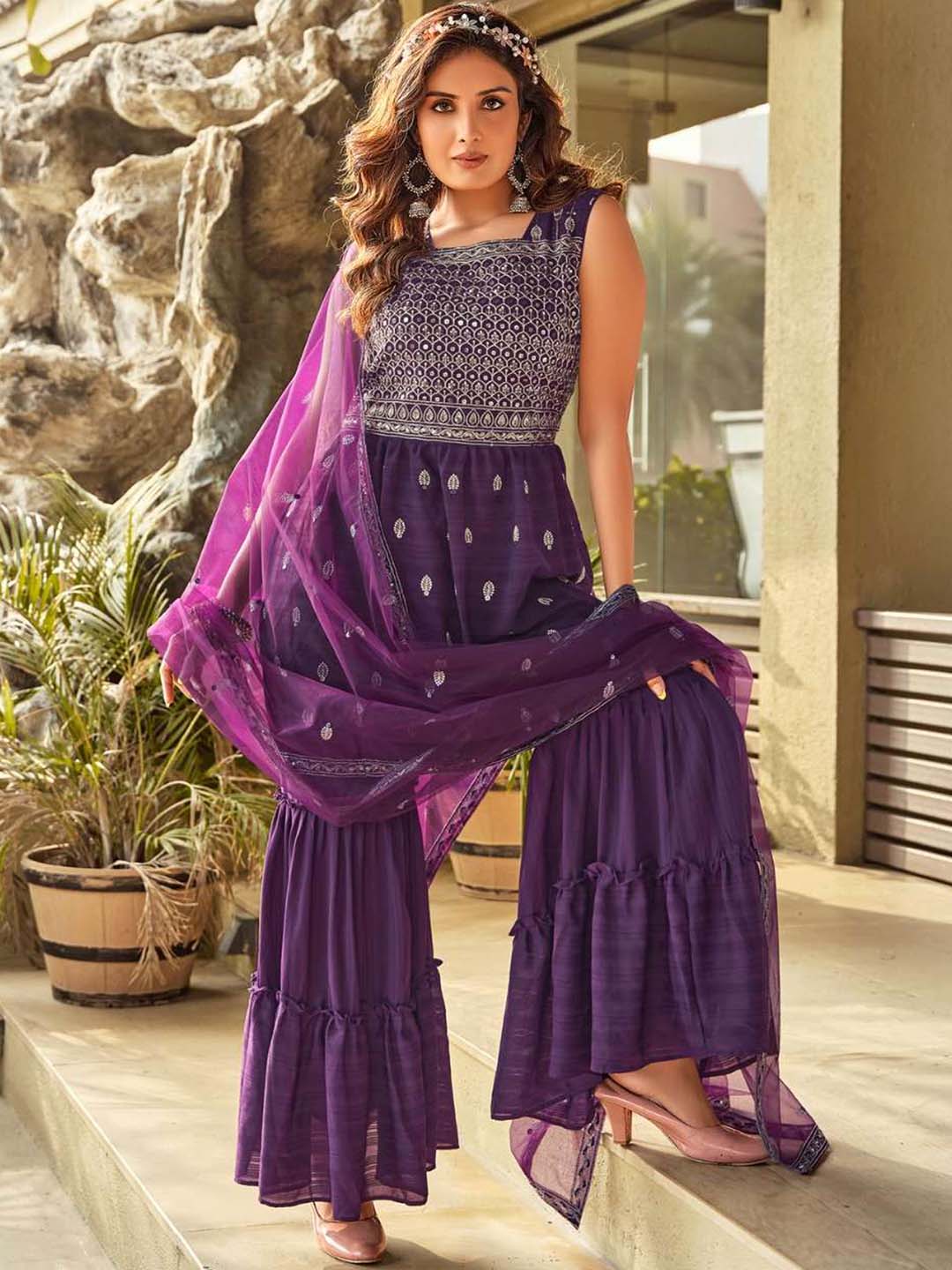 Purple Silk Base with Embroidery Sequence Work Stitched Suit Set