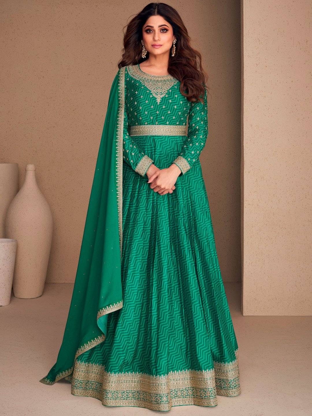 Embellished Green Chinon Silk Zari Stitched Kurti with Dupatta