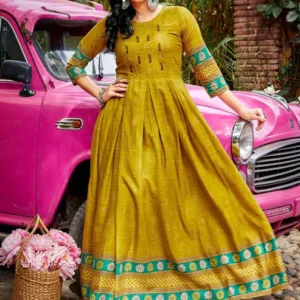 Green Ikat Printed Rayon Designer Long Kurti