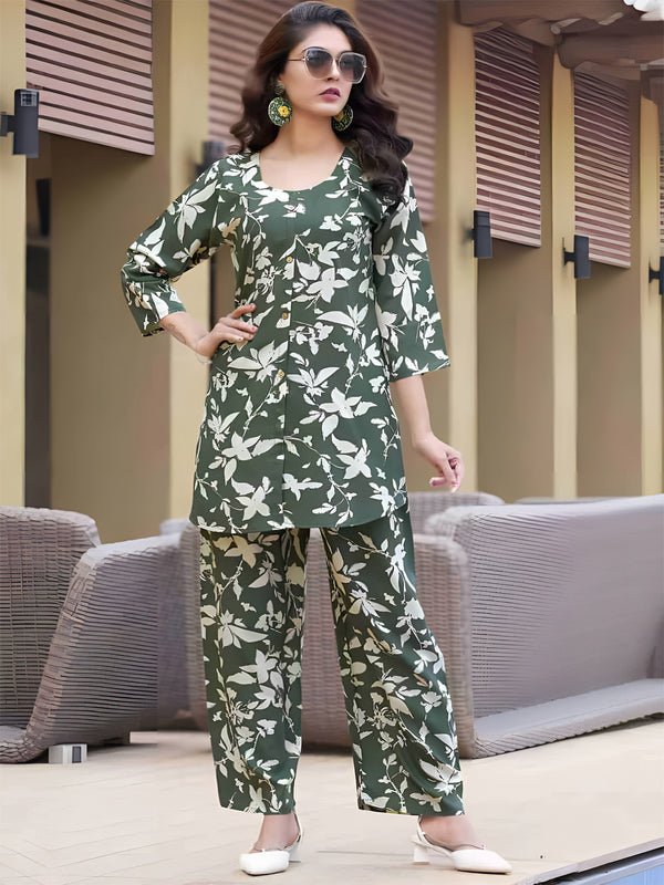 Olive Green Printed Casual Co-ord Set