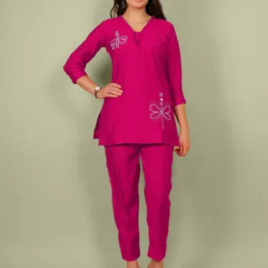 Magenta Casual With Embroidery Co-ord Set