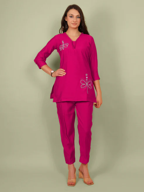 Magenta Casual With Embroidery Co-ord Set