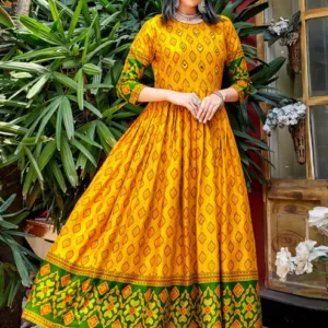 Mustard Rayon Ikat Printed Designer Long Kurti