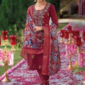 Red Premium Embroidered Stitched Suit Set With Dupatta