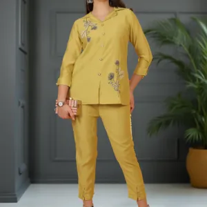 Lemon Yellow Casual With Embroidery Co-ord Set (Copy)