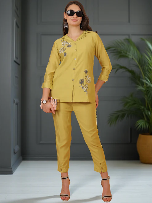 Lemon Yellow Casual With Embroidery Co-ord Set (Copy)
