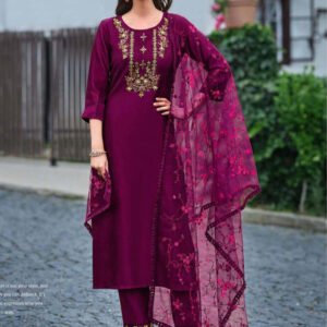 Wine Exclusive Embroidered Stitched Suit Set With Dupatta