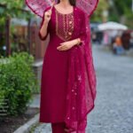 Cherry Red Exclusive Embroidered Stitched Suit Set With Dupatta