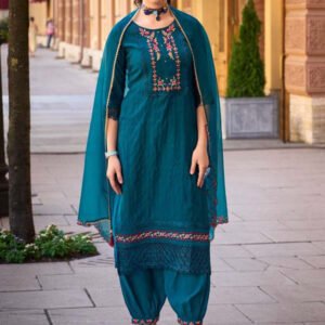 Teal Blue Handwork And Embroidery Afgani Stitched Suit