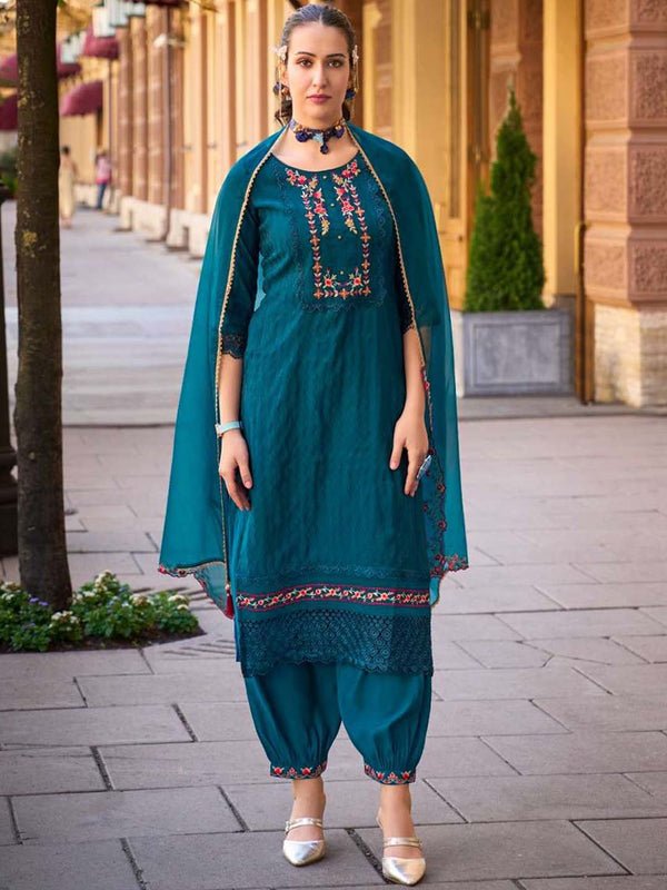 Teal Blue Handwork And Embroidery Afgani Stitched Suit