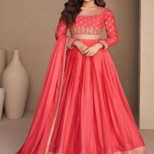 Embellished Coral Chinon Silk Zari Stitched Gown with Dupatta