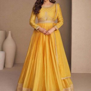 Embellished Yellow Chinon Silk Zari Stitched Gown with Dupatta