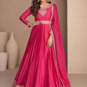Embellished Dark Pink Chinon Silk Zari Stitched Gown with Dupatta