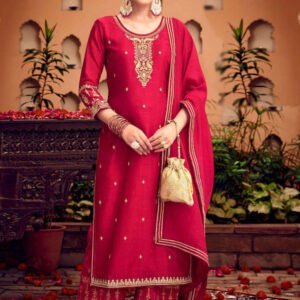 Red Fancy Work Stitched Suit Set With Dupatta