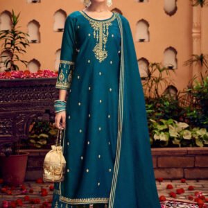 Teal Blue Fancy Work Stitched Suit Set With Dupatta
