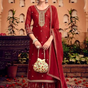 Blood Red Fancy Work Stitched Suit Set With Dupatta