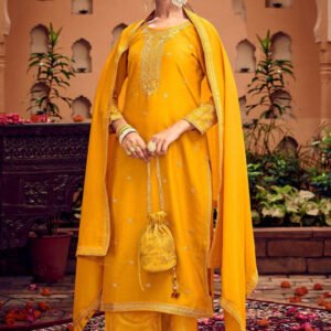 Yellow Fancy Work Stitched Suit Set With Dupatta