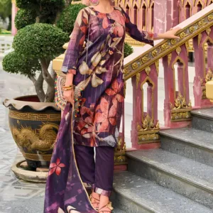 Purple Floral Pure Viscose Print Silk Stitched Suit Set