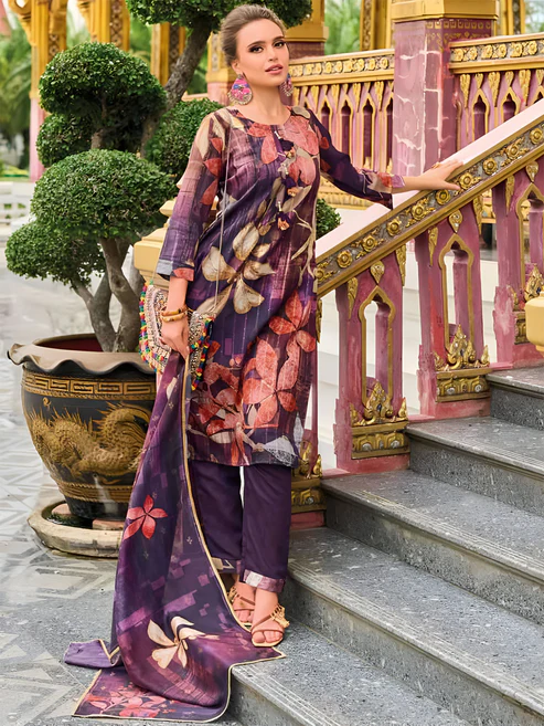Purple Floral Pure Viscose Print Silk Stitched Suit Set