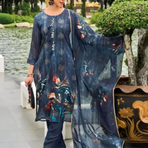 Blue Floral Pure Viscose Print Silk Stitched Suit Set