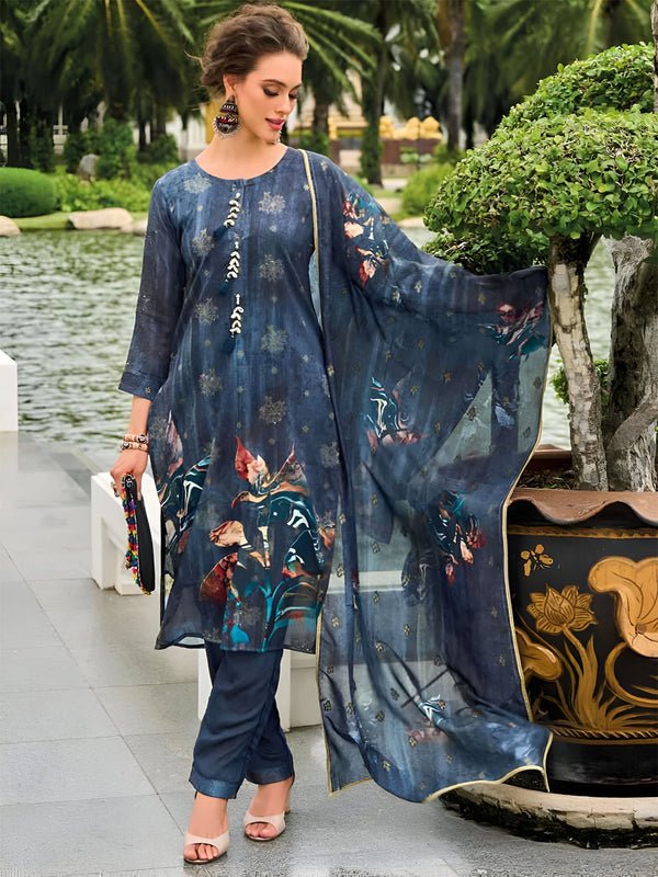 Blue Floral Pure Viscose Print Silk Stitched Suit Set