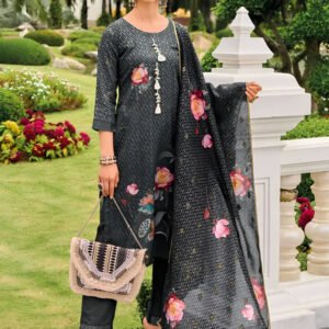 Charcoal Floral Pure Viscose Print Silk Stitched Suit Set