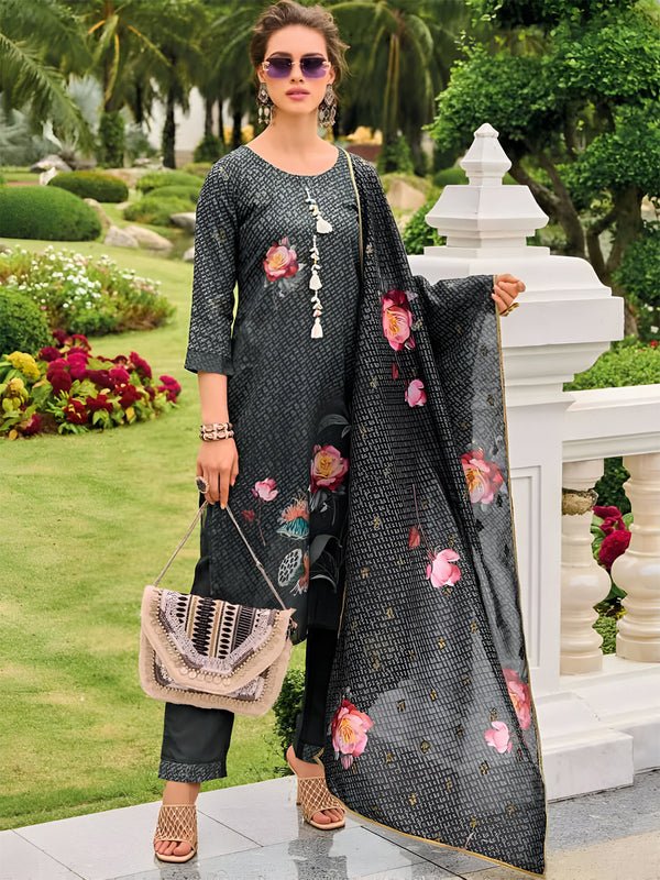 Charcoal Floral Pure Viscose Print Silk Stitched Suit Set