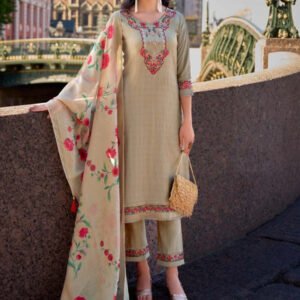 Beige Yoke Embroidered Stitched Suit Set With Dupatta