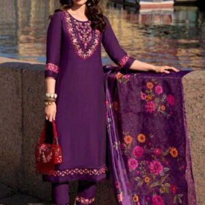 Purple Yoke Embroidered Stitched Suit Set With Dupatta