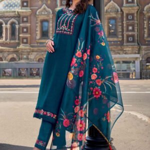 Classic Blue Yoke Embroidered Stitched Suit Set With Dupatta
