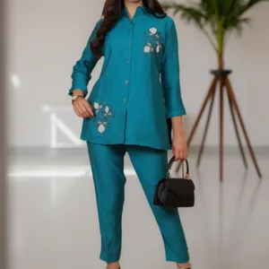 Teal Blue Casual With Embroidery Co-ord Set