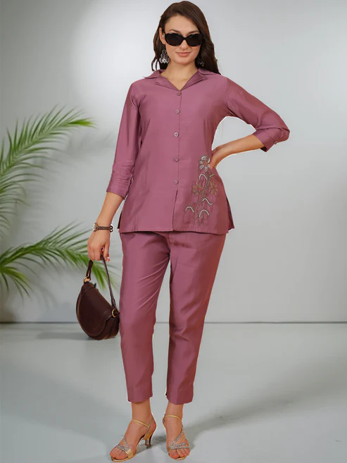 Wine Casual With Embroidery Co-ord Set