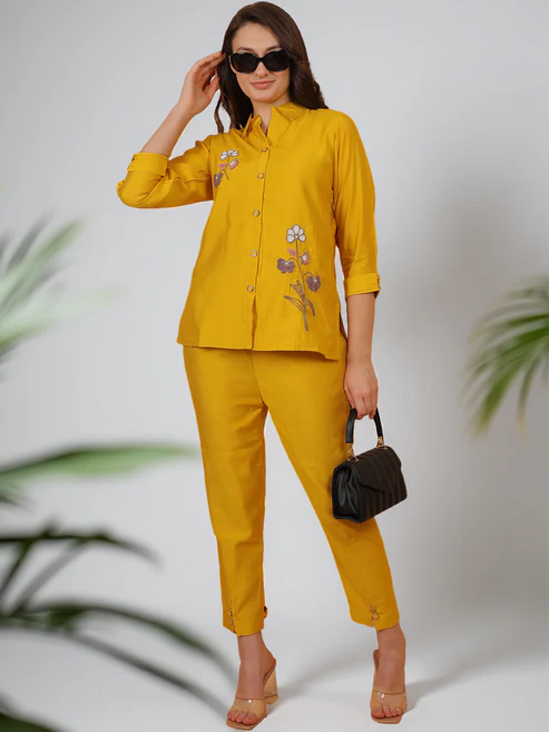 Yellow Casual With Embroidery Co-ord Set