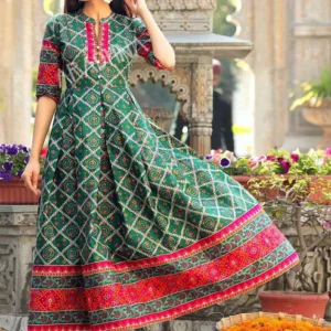 Green Printed Flared Cotton Long Kurti