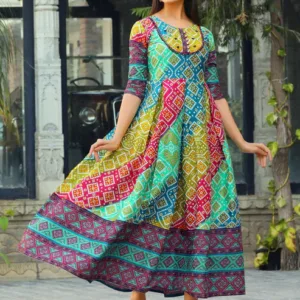 Multicolor Printed Flared Cotton Long Kurti