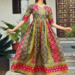 Multicolor Printed Flared Cotton Long Kurti