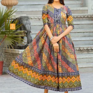 Multicolor Printed Flared Cotton Long Kurti