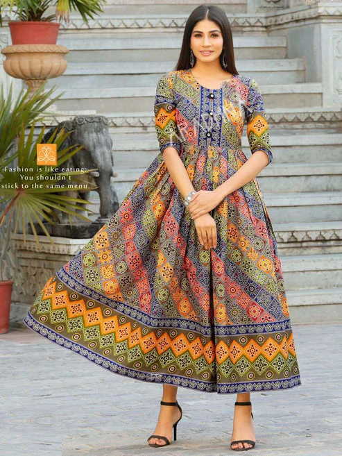 Multicolor Printed Flared Cotton Long Kurti